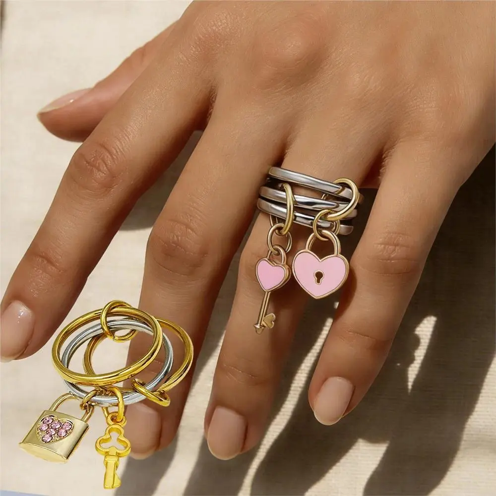 Multi Layers Rings Stack Set For Girls Women Pink Lock Heart Key Charms Pendant Stainless Steel Spinelli Kilcollin Ring Jewelry