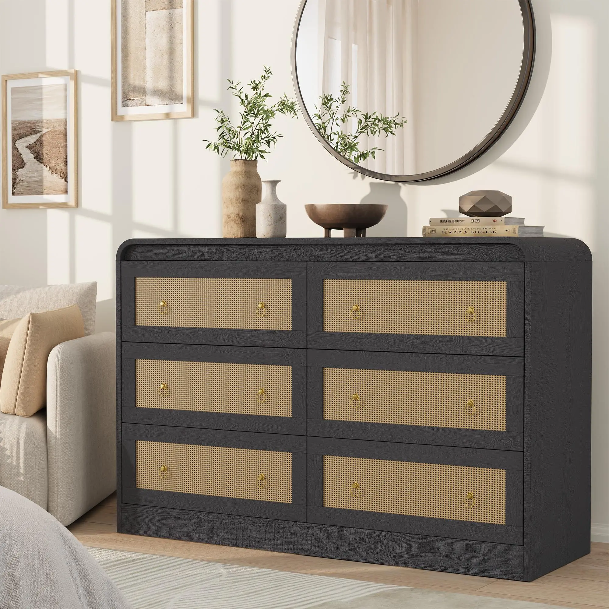 Gaomon 46in Wide Round Rattan Texture Wood Dresser - Modern 6-Drawer Chest, Sturdy, Stable, Tip-Resistant, Minimalist Furniture for Bedroom, Outdoor Use