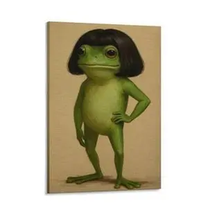 Whimsical Frog Portrait Canvas Poster Funny Animal Abstract Mimalist Green Funny Frog Poster Art Print Bob Haircut Kids Playroom Decor Frog Lover Gift Unique Wall Art quirky wall decor funny poster unique art decor