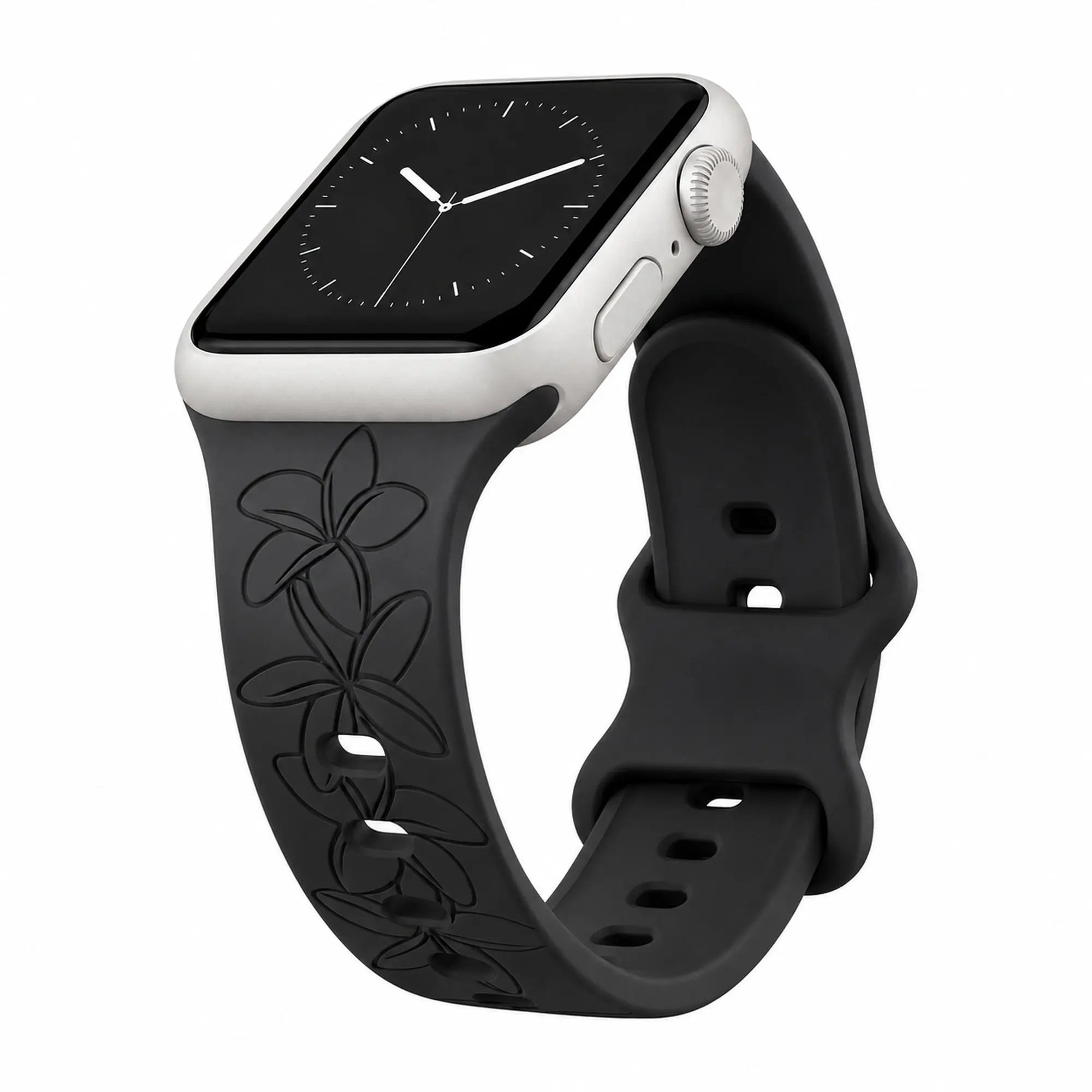 Black Plumeria Silicone Watchband Compatible with Apple Watch - 49/46/45/44mm (42mm Series 1-3)
