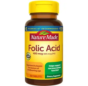Folic Acid 400mcg (665 mcg DFE), Folic Acid Supplements for Women & Men, Dietary Supplement for Nervous System Function, 250 Tablets, 250 Day Supply