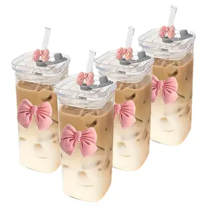 Square Glass Cup, Portable Bow Shaped Drinking Cup for Autumn and Winter Milk Tea, 12 Ounces/350 Milliliters, with Lid and Straw, for Collectors, Families, Schools, Outdoor Use, the Best Gift for Valentine's Day, Christmas, Thanksgiving, Drinkware
