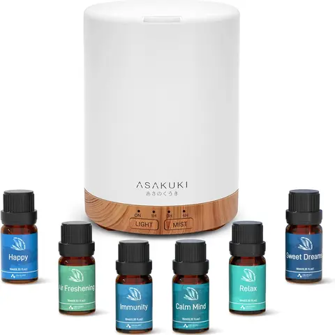 ASAKUKI 300ML Cylindrical Eco-Friendly PP (Polypropylene) 5-in-1 Essential Oil Diffuser for Home - Quiet Humidifier, Herbal Aroma 360 Diffuser, 7 LED Light, Auto-Off Safety Switch, Large Tank Reduces Refills & Fuss, Back to School Gift Idea