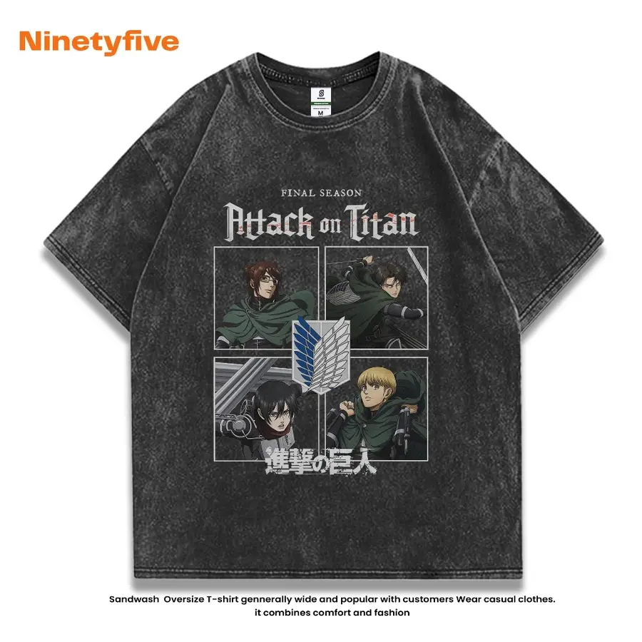Attack on Titan Shirt,Vintage Anime Graphic Tee, Acid Wash Streetwear, Final Season 4 Grid Panel Hange Levi Mikasa Armin Wings of Freedom Crest Kanji Front Graphic Top, Heavyweight Cotton Harajuku Apparel, Unisex Tee