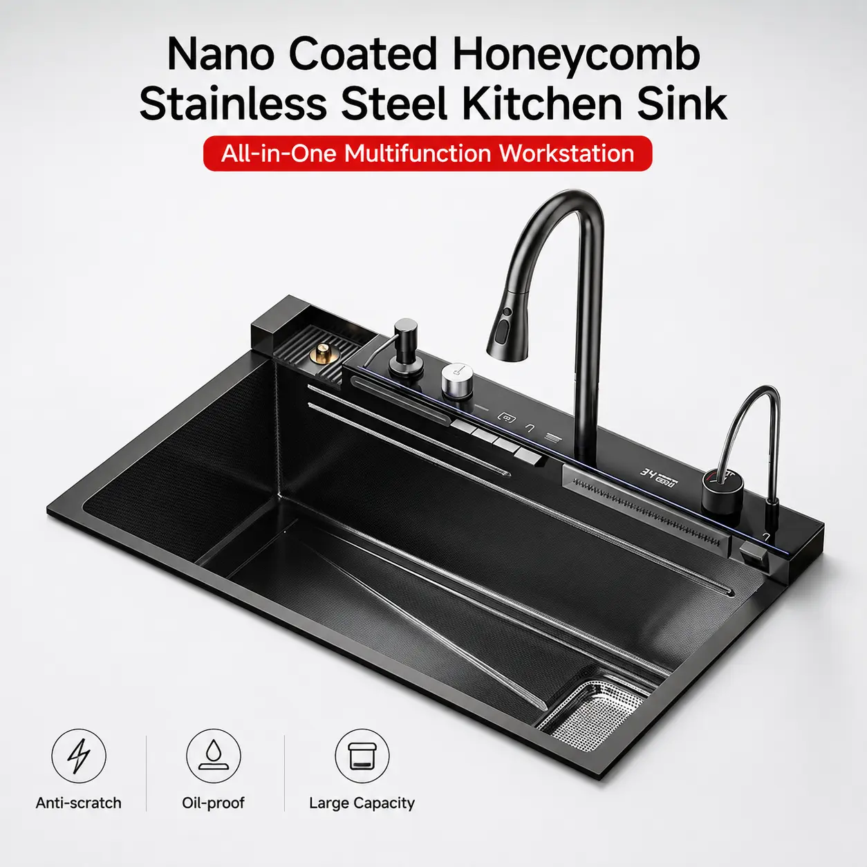 33 Inch Black Stainless Steel Kitchen Sink, Large Single Bowl Workstation Sink with Pull Down Faucet, Sound Dampening, Drain Strainer, R10 Corners, Undermount & Drop-In Installation luxury