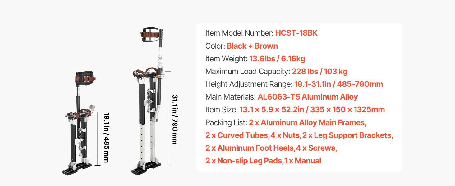 VEVOR Adjustable Height Drywall Stilts - 19.1-31.1 in Aluminum Drywall Tools, 228 lbs Load Capacity, Non-Slip Rubber Feet, Dual Spring Shock Absorb, Comfortable Leg Straps, Oxford Fabric Components, 3 Levels Heel Brackets, for Painters, Black#BackToSchool