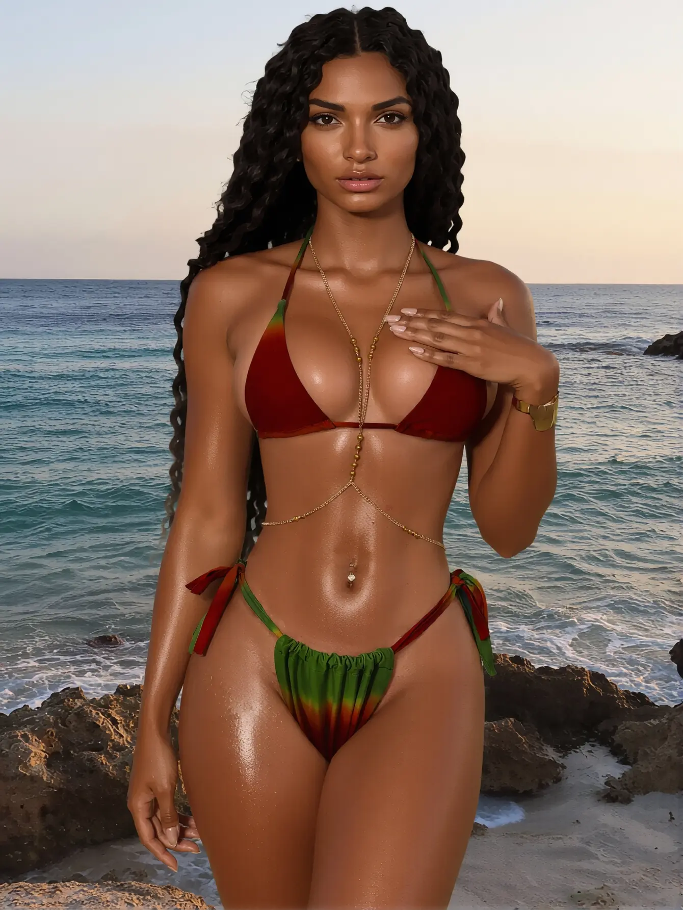XJN Rasta Gradient Halter Triangle Bikini Set | Red Green Yellow Tie Side Two Piece Swimsuit Adjustable Tie Side Bikini with Gradient Print | Rasta Inspired Triangle Top Bathing Suit