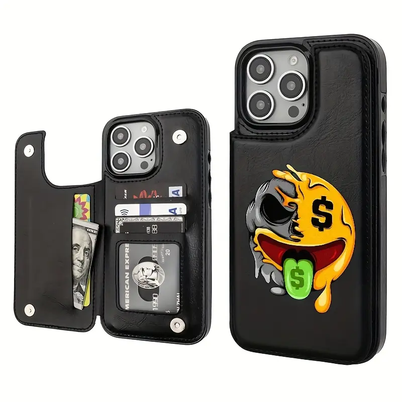 Funny Emoticons Fashion Faux Leather Case for Iphone Models 17 16 15 14 13 12 PRO MAX PLUS,AIR  And for galaxy S25, S24 Plus, S23 Ultra,. Flip Cover with Card Slot Designed for Premium Business Users in Black.