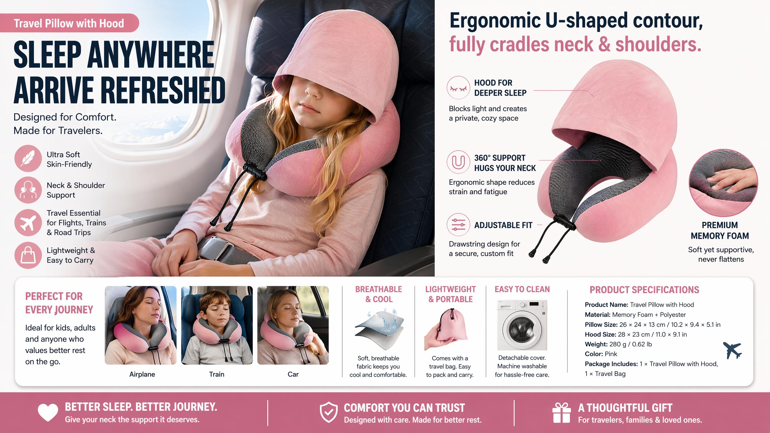 Hooded Travel Neck Pillow, Memory Foam U Shape Neck Support Pillow with Light Blocking Hood, Adjustable Drawstring, Washable Cover, Portable Airplane Car Office Road Trip Sleeping Travel Accessory for Men Travelers,#halloweenfinds #tiktokshopbacktoschool Hooded Travel Neck Pillow, Memory Foam U Shape Neck Support Pillow with Light Blocking Hood, Adjustable Drawstring, Washable Cover, Portable Airplane Car Office Road Trip Sleeping Travel Accessory for Men Travelers,#halloweenfinds #tiktokshopbacktoschool
