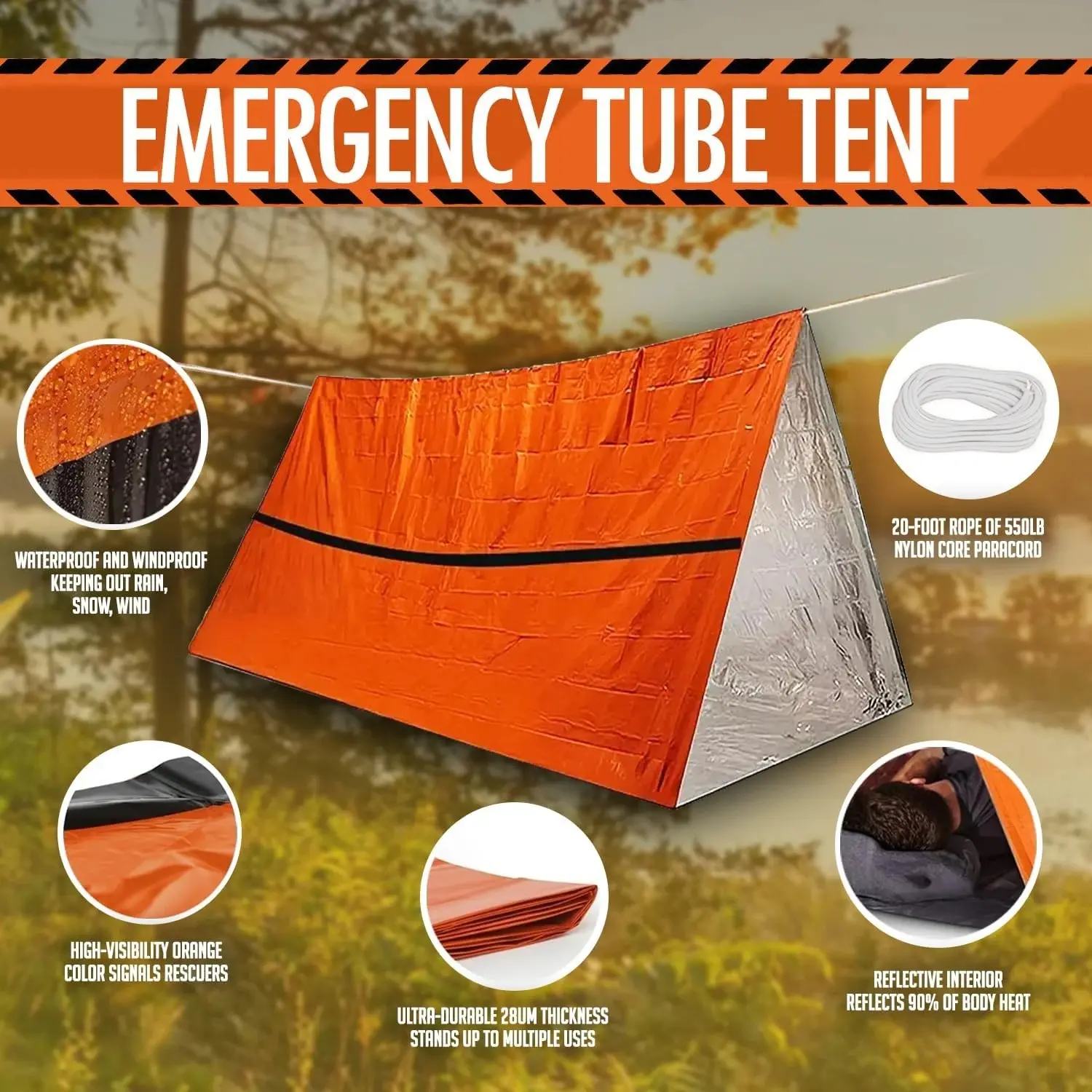 Emergency Shelter Survival Tent Kit, 1 Set Mylar Tube Tent Sleeping Bag, Waterproof Outdoor SOS Thermal Blanket, Reusable Emergency Shelter, Emergency Survival Supplies, Emergency Survival Gear