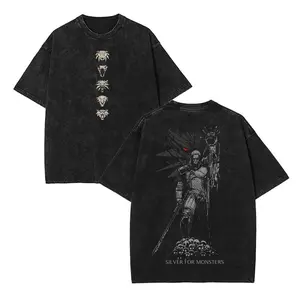 The Witcher "Silver for Monsters" Men's Wash Short Sleeved Top, Unisex Game Shirt men Cotton Fabric Oversized Tropical apparel