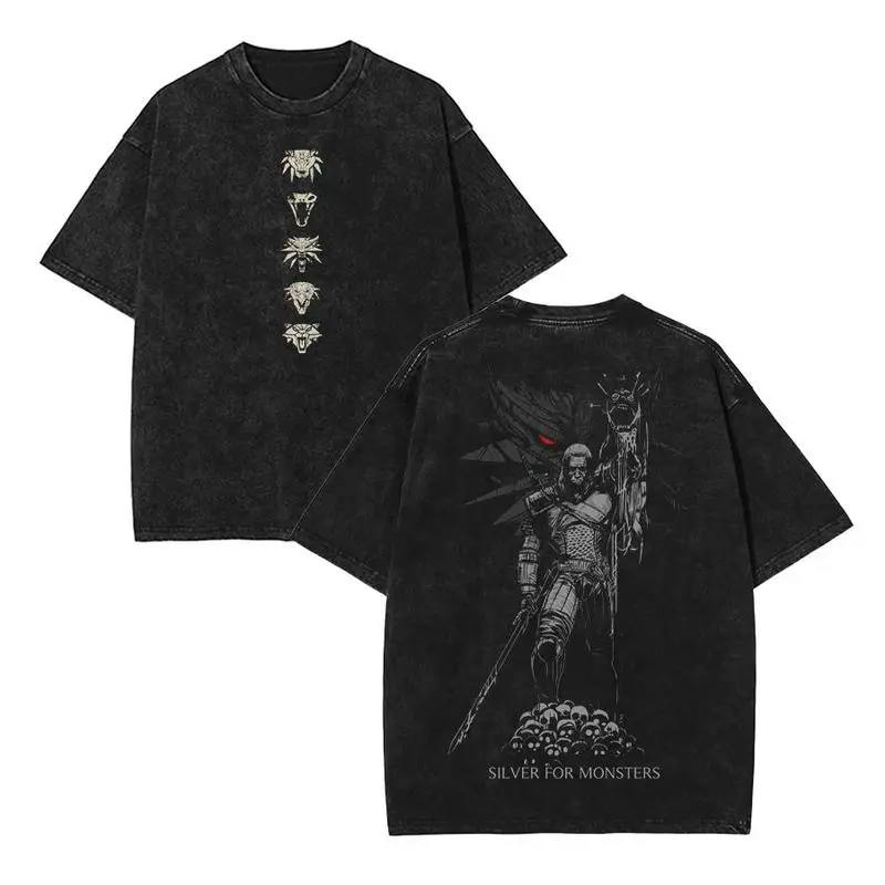 The Witcher "Silver for Monsters" Men's Wash Short Sleeved Top, Unisex Game Shirt men Cotton Fabric Oversized Tropical apparel