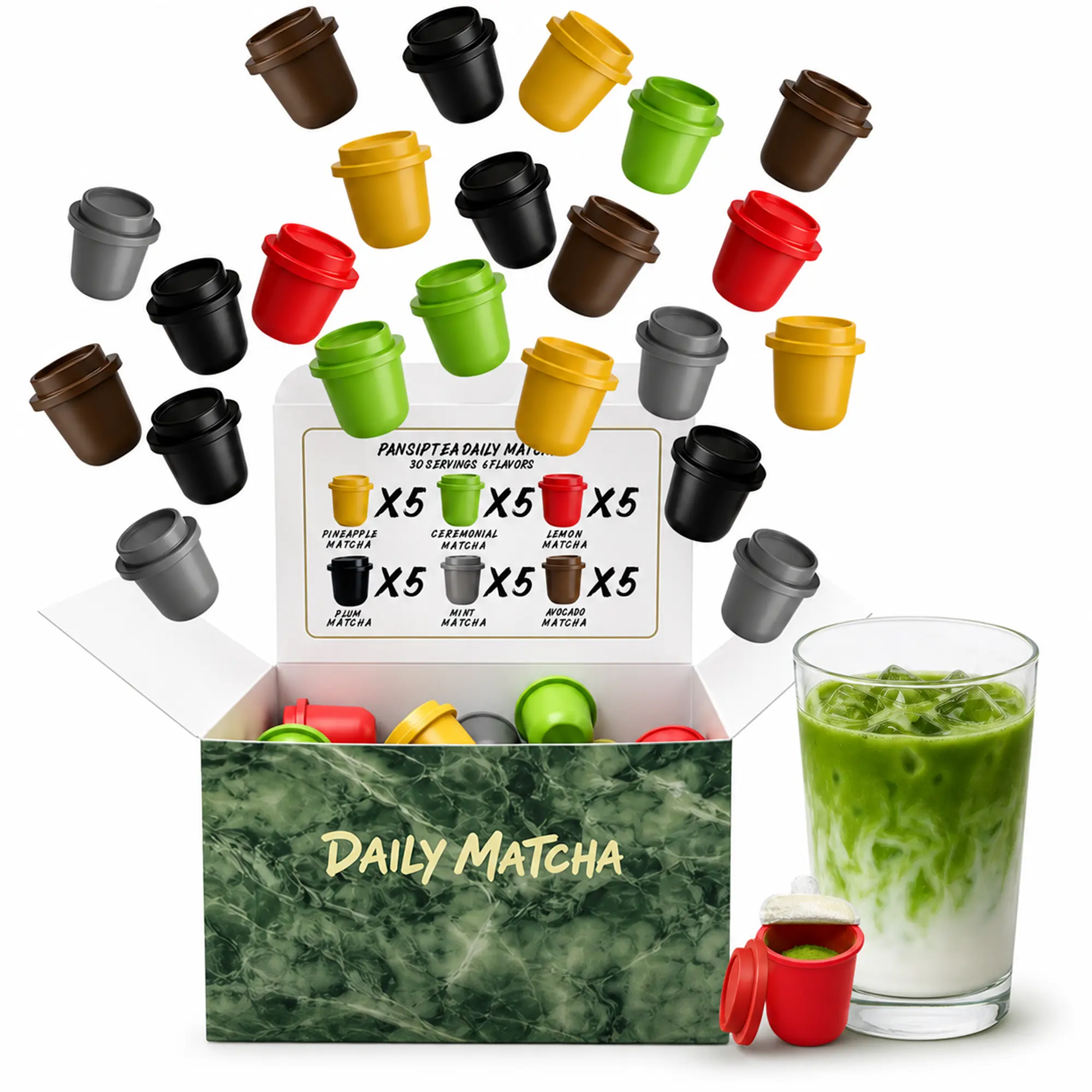 PanSipTea Organic Matcha Powder Variety Pack, 30 Servings Daily Matcha Cups, 6 Unsweetened Flavors, 2g Single-Serve Pods, No Sweeteners Added, No Machine Required