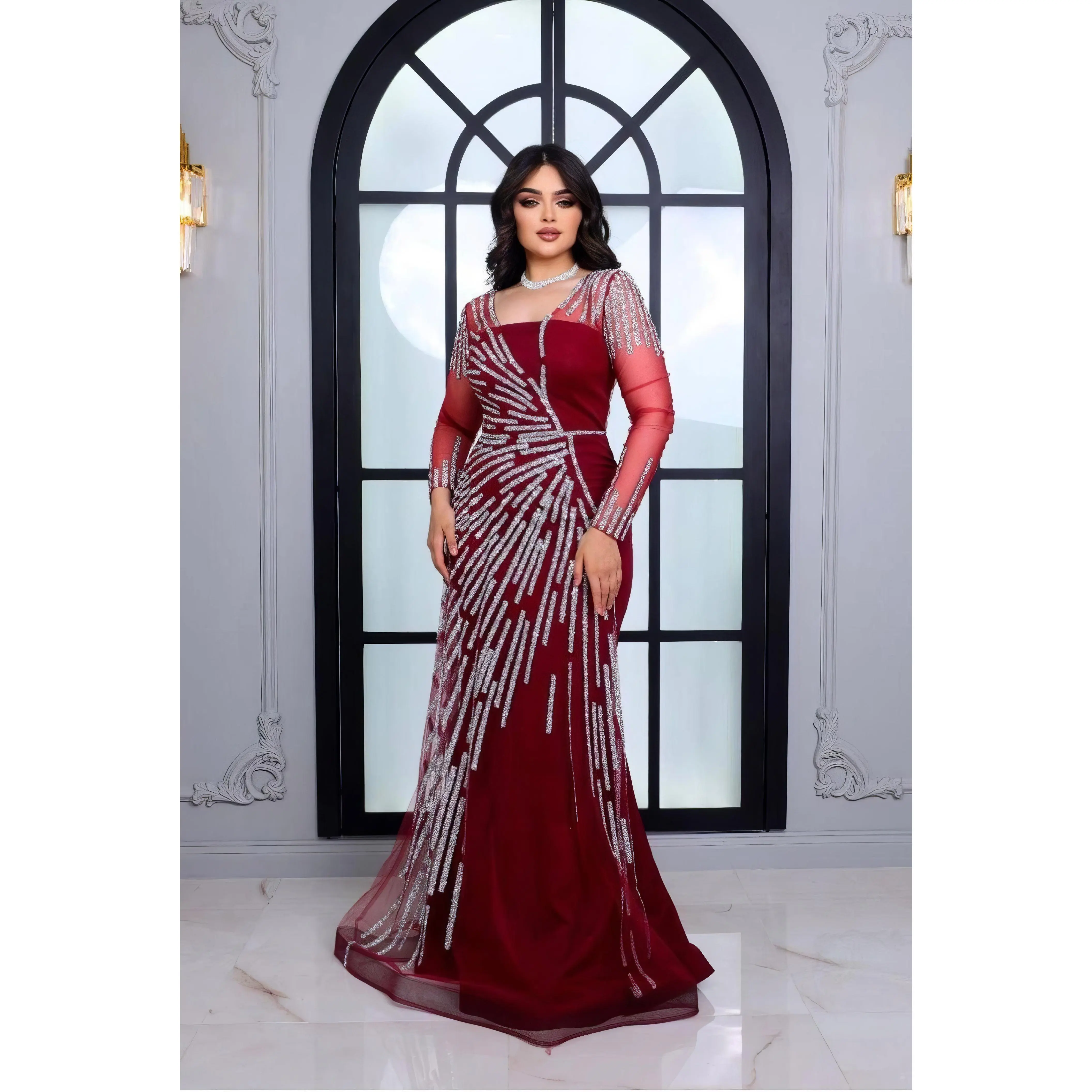 Long Sleeve Mermaid Dress with Sequin Detailing- Couture