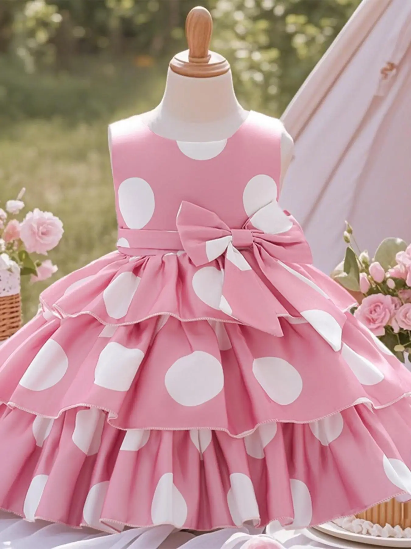 Girl's Polka Dot Print Bow Decor Tiered Layer Satin Fit and Flare Party Dress, Elegant Sleeveless Round Neck Zipper Back Round Neck Mesh Dress for Kid