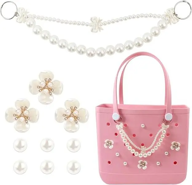 10 Pcs Charms for Bogg Bag, Pearl Flower Chain Accessories, Decorative Bag Charms for Beach Totes, Rubber Beach Bags and Handbags, Easy Insert Design