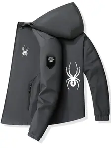 Bold Spider Print Hooded Jacket, Polyester Fabric, Stylish Spider Design, Casual Slim Fit, Spring & Fall Fashion Outerwear