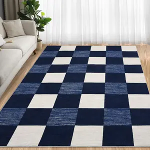 【GARVEE】Large Navy Blue Checkered Plaid Area Rug 9x12 - Non-Slip, Machine Washable, Low Pile Modern Geometric Soft Floor Carpet, Non-Shedding Indoor Foldable Mat for Living Room and Home Decor