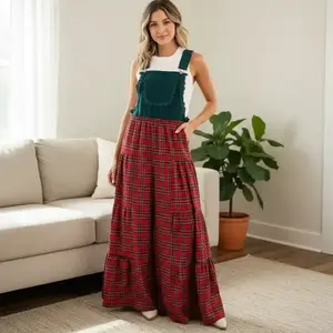 Women's Plaid Tiered Wide-Leg Overalls - Vintage-Inspired Sleeveless Jumpsuit with Lace Detail, Two-Color Christmas Plaid Overalls for Casual & Festive Styles S-XL