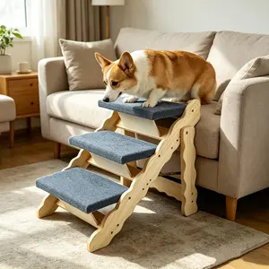 Wooden Dog Steps for Bed and Couch, 2-in-1 Fold-Flat Pet Ramp with 3/4 Anti-Slip Steps, Portable Stairs for Small to Large Dogs up to 150 lbs