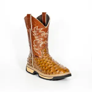 Raptor Boots 305 Ostrich Print Leather Boot Miel or Brown Safety Square Toe COMFORT with Orthopedic Insole & Heavy Duty Sole Water Resistant Slip Resistant