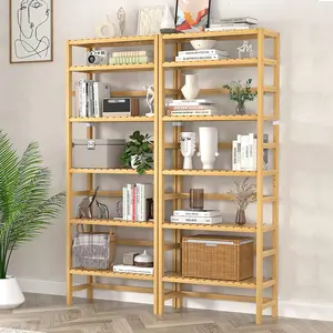 63.4” Tall  6-Tier Bamboo Bookcase Bookshelf Organizer Free Standing Storage Shelving, Heavy Duty Adjustable Bookcase,Rust Resistance,Anti-tipping