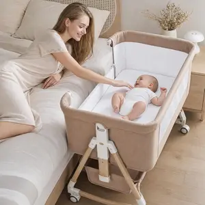 Baby Bassinet Bedside Crib, 3-in-1 Baby Bassinet Bedside Sleeper，Rocking Bedside Bassinet with Wheels, Adjustable Easy Folding Portable Bed for Infant Newborn