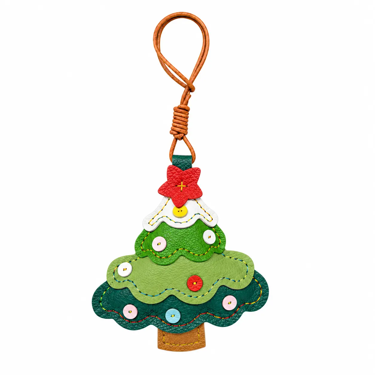 Handmade French Goatskin Leather Christmas Tree Shape Bag Charm - 100% Exquisite Handcrafting, Cute Holiday Ornament Pendant for Keys, Backpacks, Purses, Gifting for Bag Lovers, Birthday