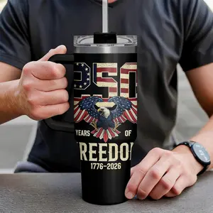 American Flag Tumbler with Handle, America 40oz Stainless Steel Insulated Coffee Mug with Lid & Straw, America Gifts for Men Women, USA Tumblers Cup...