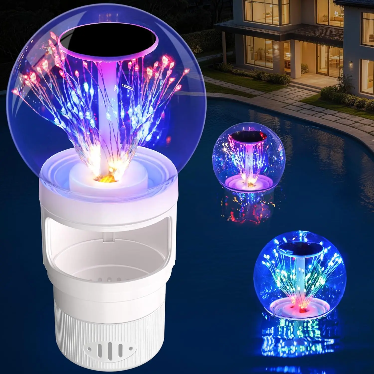 Summer Spring Gift Pool Chlorine Floater with Firework Light,Solar Chlorines Floaters w/Adjustable Release,Large Capacity Chlorine Floater,Floating chlorines Dispenser for Pool,Hot Tub,White