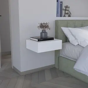Floating Nightstand 5"H, Modern Wall-Mounted Bedside Shelf with Drawer, White-B097P167433