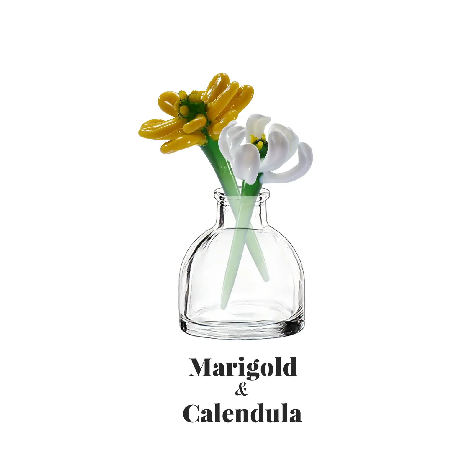 October Birth Flower Glass White Cosmos & Marigold Set with Mini Vase, Handmade Forever Flowers, 2 Stems Floral Decor, Birthday Gift for Her, Mom, Wife, Sister, Best Friend, Fall Desk Shelf Decor, Unique Glass Flower Bouquet