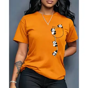 100% cotton women's cute animal panda cartoon pattern fashion casual sports round neck short sleeve T-shirt sweatshirt Fit Womenswear