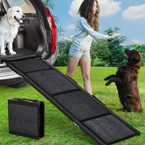 Garvee Extra Wide & Long Non-Slip Folding Dog Ramp for Car, SUV & Truck – Lightweight Portable Pet Stairs for Large Dogs up to 250 lbs – Rug Surface, Heavy Duty Aluminum Steps, Easy to Clean