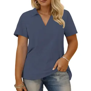 VOGARCE Plus Size Collared V Neck Polo Shirts 1XL-5XL Summer Tops for Women Flowy Tunics Trendy Short Sleeve Blouses VPS0149