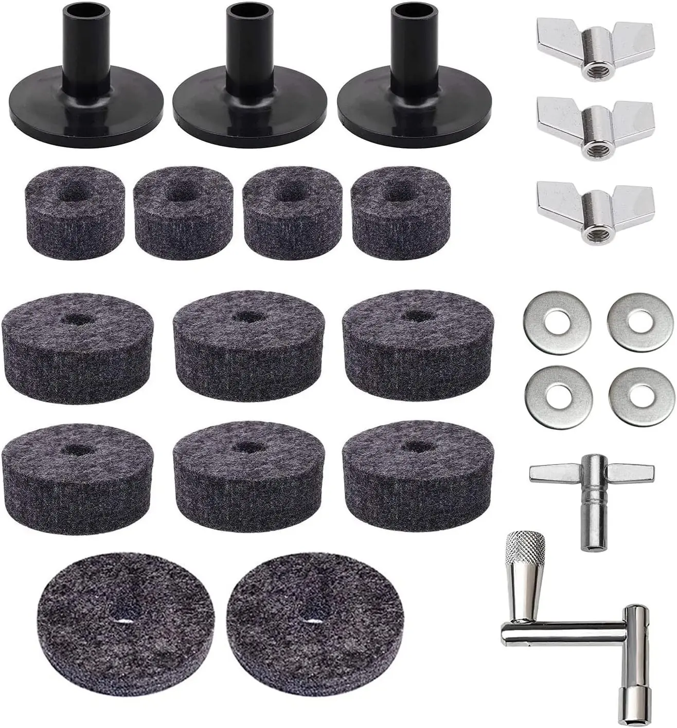 23-Piece Synthetic Drumming Cymbal Replacement Accessories Set for Boom Stands - Secure Fit Stainless Steel Wing Nuts, Washers, Sturdy Felts, Sleeves, Hi-Hat Clutch, 1 Continuous Motion Speed Key, 1 Standard Key