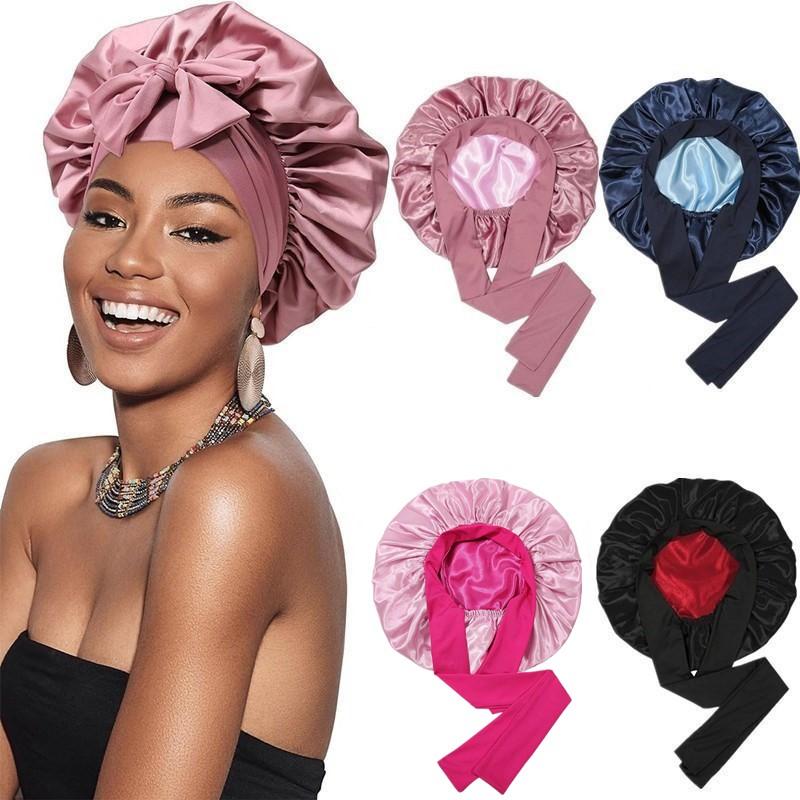 Double Layer Satin Bonnet Silk Like Texture for Sleeping Sleep Cap Hat Hair Bonnets with Elastic Tie Band for Curly Hair