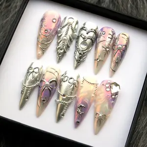 Handmade Aurora Pearl Bow Press On Nails, 3D Stiletto Long Nails