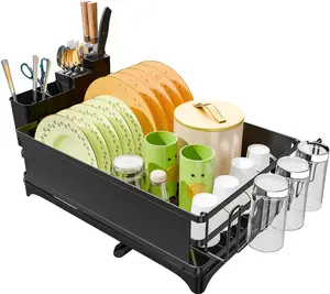 Simple Trending Dish Drying Rack, Dish Drainer for Kitchen Counter, Dish Rack with Tray for Large Capacity, Black Stainless Metal Sink