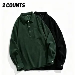 2 Counts Men's Corduroy Polo Shirt Green & Black Two-Tone Loose Long Sleeve Casual Coat Medium Fit Polyester