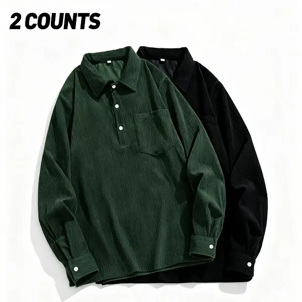 2 Counts Men's Corduroy Polo Shirt Green & Black Two-Tone Loose Long Sleeve Casual Coat Medium Fit Polyester