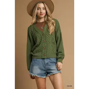 Umgee Chunky Cable Knit V-Neck Button-Up Cardigan