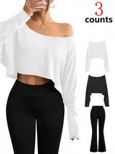 Women's Solid off Shoulder Loose Tee Blouse, Casual Long Sleeve Crop Top, Slim-Fit Design, Perfect for Daily & Holiday, Basic Style, Womenswear