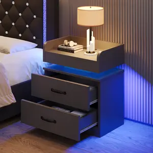 HOMBCK Night Stand with Charging Station and LED Lights Modern Bedside Table with Storage Drawers End Table for Living Room and Bedroom