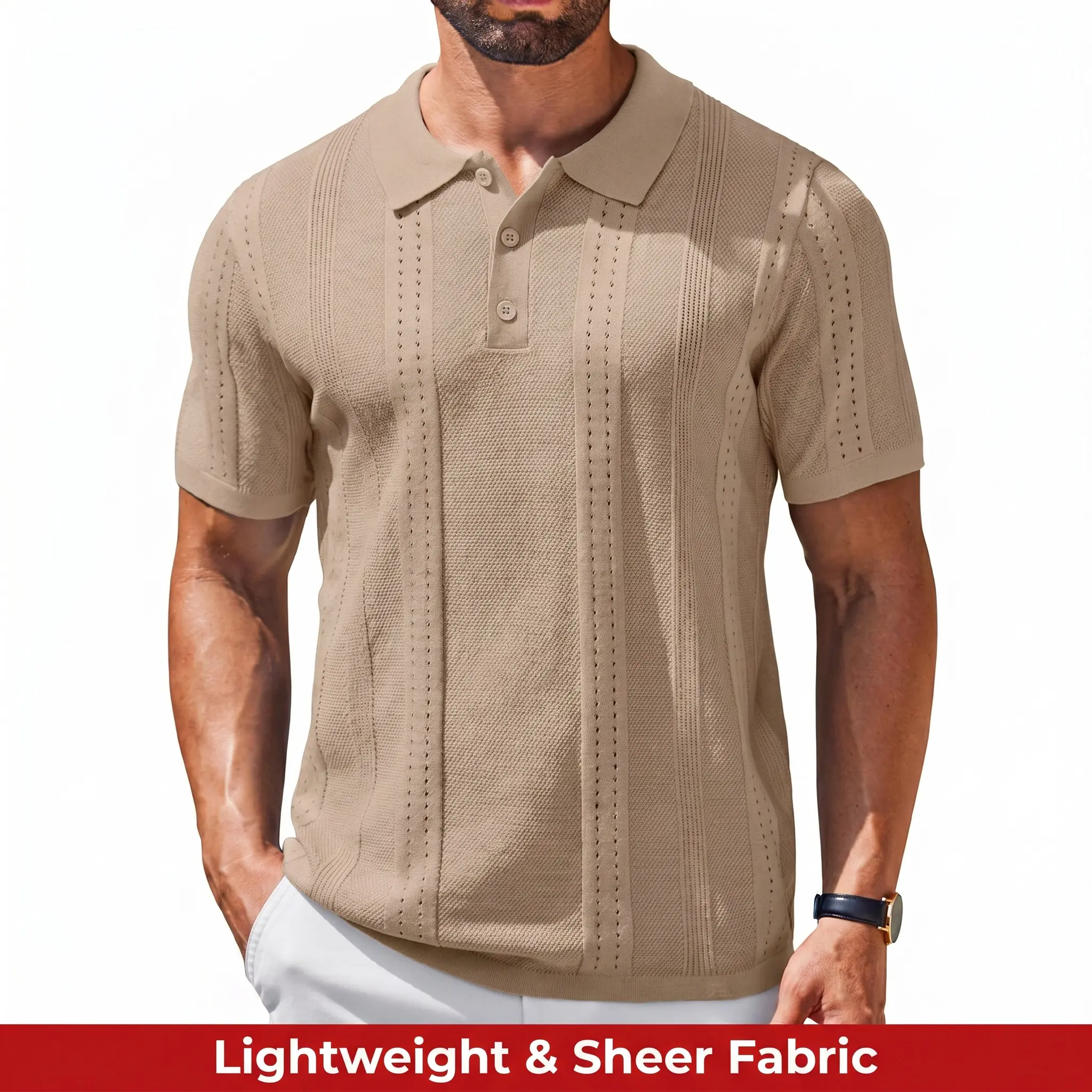 COOFANDY Mens Knit Polo Shirts Short Sleeve Collared Golf Shirt Hollow Out Textured T-Shirt Summer Fashion Tops