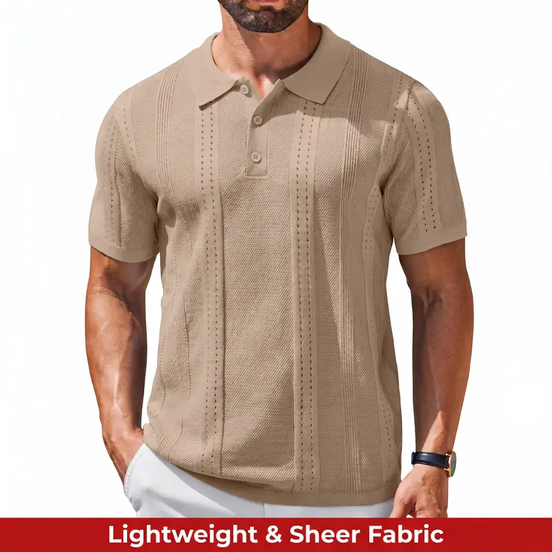 COOFANDY Mens Knit Polo Shirts Short Sleeve Collared Golf Shirt Hollow Out Textured T-Shirt Summer Fashion Tops