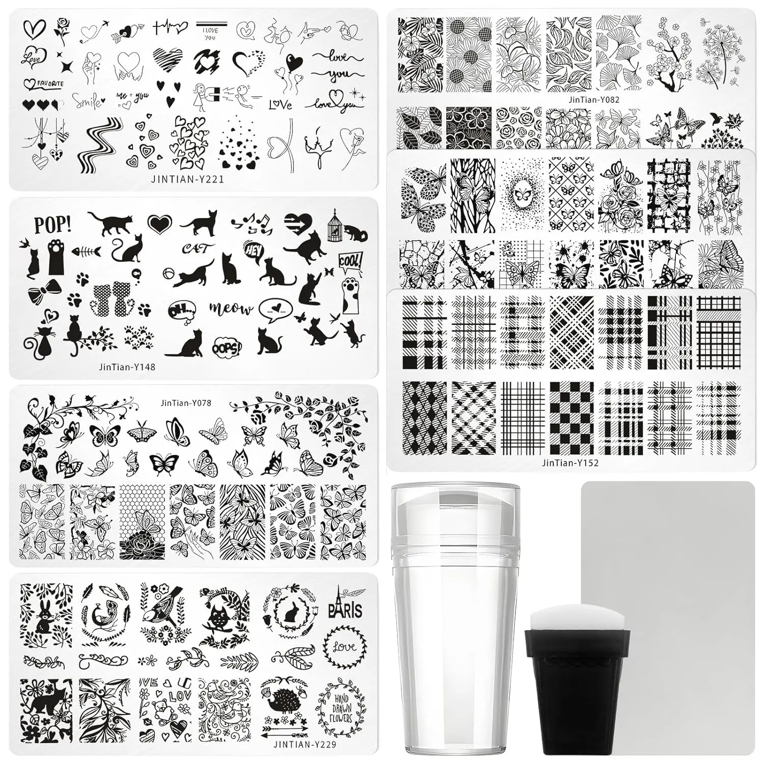 7pc Nail Stamping Plate Kit Flower Butterfly Lace Animal Nail Art Template Stencil Fingernail Polish Set Silicone Stamper Scraper French Nails Design Tools