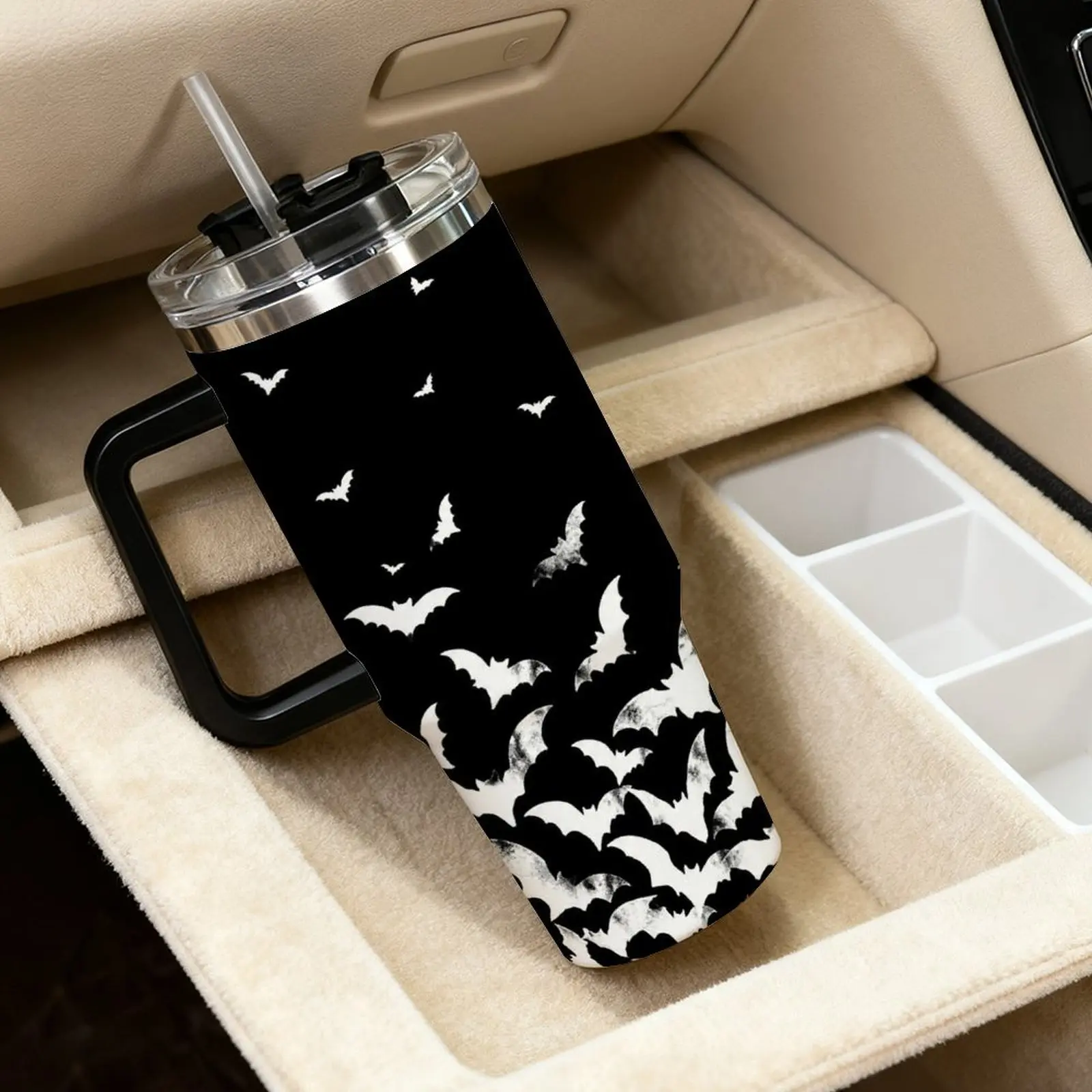 40oz Halloween Bat Stainless Steel Vacuum Insulated Flask with Handle & Straw Lid - Leakproof Travel Mug, Reusable Coffee Cup for Women, Spooky Birthday & Halloween Gift, Flasks