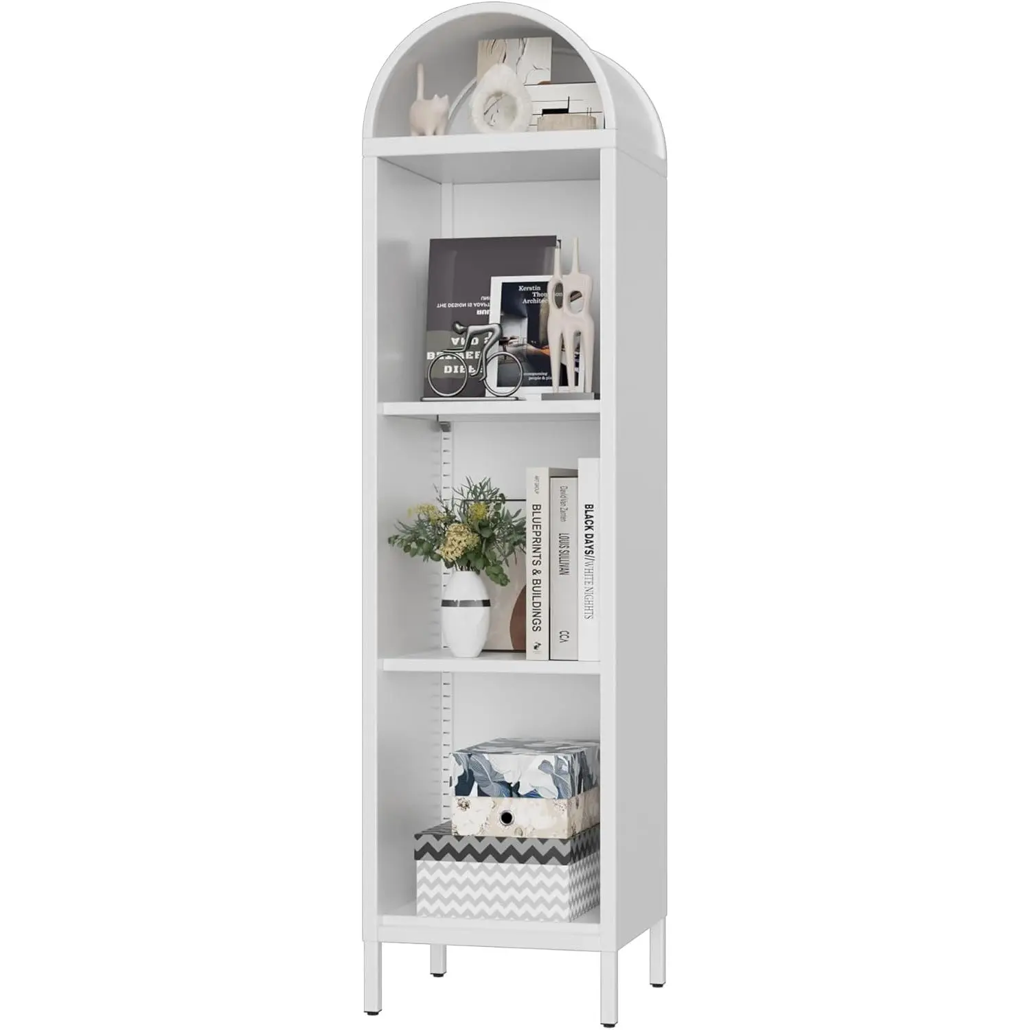 63" H Arch Display Bookcase with 2 Adjustable Shelves, Kitchen Pantry Storage Bookshelf for Dining Room, Home, Office, Kitchen, Study Room, Assembly Required, White