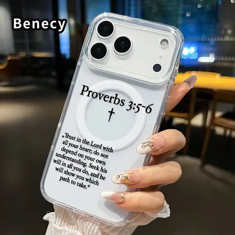 Magnetic Smartphone Casing, Wireless Charging-Supporting Minimalist Proverbs Pattern Cover for iPhone 17/16 Pro Max Plus/15/14/13/12/11/Air/E, Anti-Yellowing Shockproof Ultra-Thin Crystal Transparent Acrylic Large Hole Handheld Devices Accessory